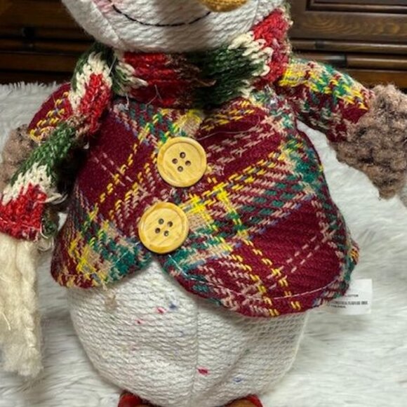 Vintage Hanna's Handiworks Plaid Coat Posing Arms Wood Bead Legs Sitting Snowman - Picture 10 of 14